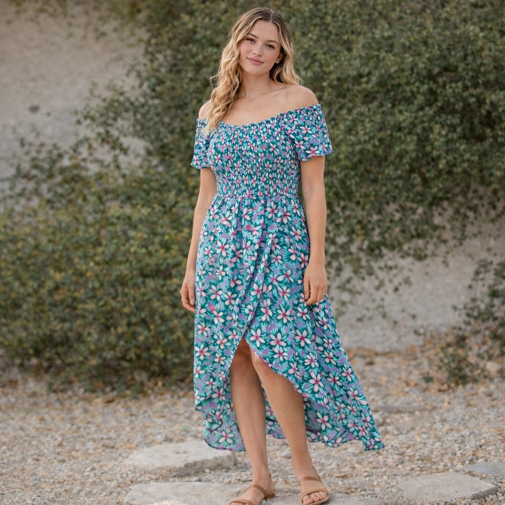 Izzy Lola Off Shoulder Smocked Floral Maxi Dress Purple Blue Size S Feminine‎
